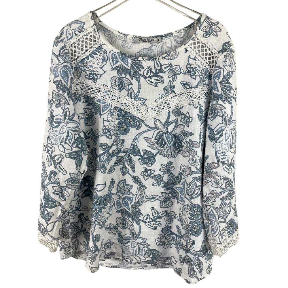 Elena Baldi Linen Floral Lace Blouse Top Boho Cottage Core Prairie Size Medium